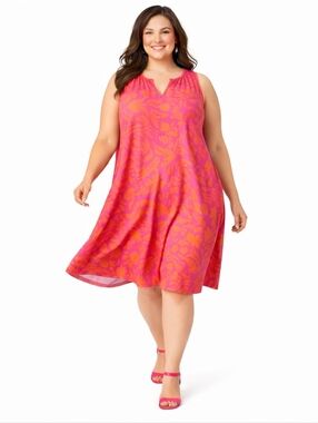 Lily 4X Hot Pink Orange Floral Swing Dress Sleeveless Pockets NWT Summer